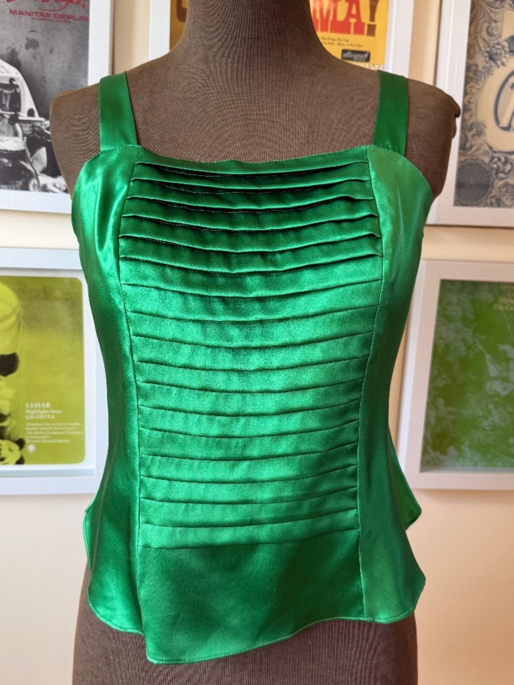 Emerald Green Silk Pleated Cami Top Y2K Party Holiday Glam Quiet Luxury